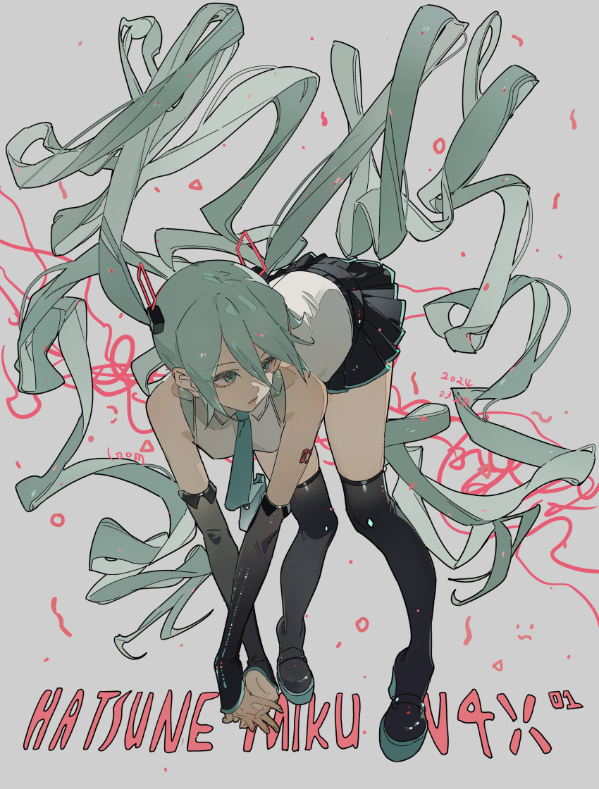 1girl absurdres aqua_eyes aqua_hair aqua_necktie black_footwear black_skirt black_sleeves boots character_name confetti crossed_arms detached_sleeves hair_ornament hatsune_miku hatsune_miku_(vocaloid4) high_heel_boots high_heels highres leaning_forward long_hair looking_to_the_side miniskirt necktie own_hands_together pleated_skirt shirt simple_background skirt sleeveless sleeveless_shirt solo thigh_boots twintails very_long_hair vocaloid white_shirt zhibuji_loom