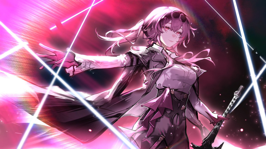 1girl black_jacket black_shorts breasts closed_mouth collared_shirt cowboy_shot eyewear_on_head gloves hair_between_eyes high-waist_shorts highres holding holding_sword holding_weapon honkai:_star_rail honkai_(series) jacket kafka_(honkai:_star_rail) large_breasts lens_flare light_particles long_hair long_sleeves looking_at_viewer luan_teng pantyhose pantyhose_under_shorts pince-nez ponytail purple_eyes purple_gloves purple_hair round_eyewear shirt shorts sidelocks smile solo sunglasses sword weapon white_shirt