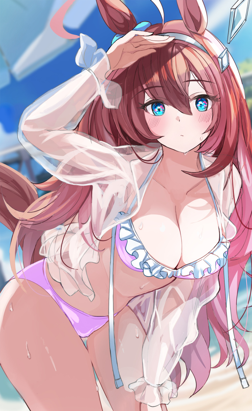 1girl ahoge animal_ears arm_up armpits beach bikini blue_sky blush breasts brown_hair cleavage closed_mouth commentary_request cowboy_shot ear_ornament frills hair_ornament hanamura_pink highres horse_ears horse_girl horse_tail large_breasts long_hair mihono_bourbon_(umamusume) ocean outdoors pink_bikini sand sky solo swimsuit tail umamusume water weapon