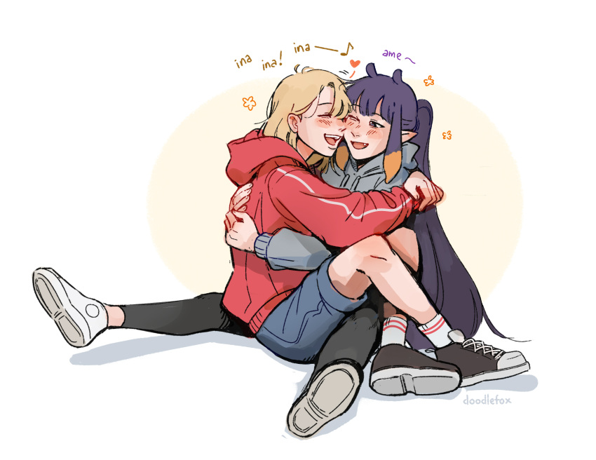 2girls black_leggings blush cheek-to-cheek closed_eyes commentary denim denim_shorts doodlefox flower_(symbol) full_body grey_hoodie happy heads_together heart highres hololive hololive_english hood hoodie hug knees_up leggings long_hair looking_at_another multiple_girls ninomae_ina'nis one_eye_closed open_mouth pointy_ears purple_eyes red_hoodie shadow shoes short_hair shorts sitting sneakers very_long_hair virtual_youtuber watson_amelia white_background yuri