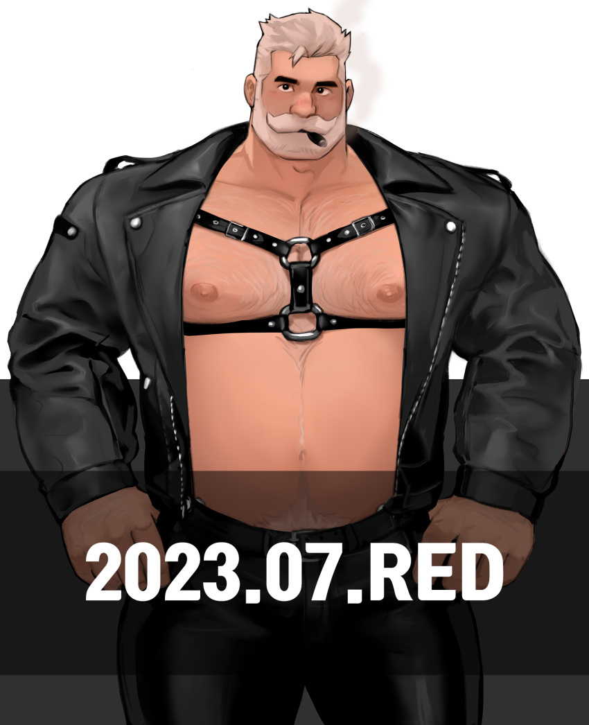 1boy arms_at_sides bara beard beard_over_mouth belly chest_belt cigar cowboy_shot dated dopey_(dopq) facial_hair framed_pectorals full_beard highres jacket large_pectorals leather leather_jacket looking_at_viewer male_focus mature_male muscular muscular_male nipples old old_man open_clothes open_jacket original paid_reward_available pectorals plump short_hair smoking solo sparse_chest_hair thick_beard thick_eyebrows thick_mustache watermark white_hair