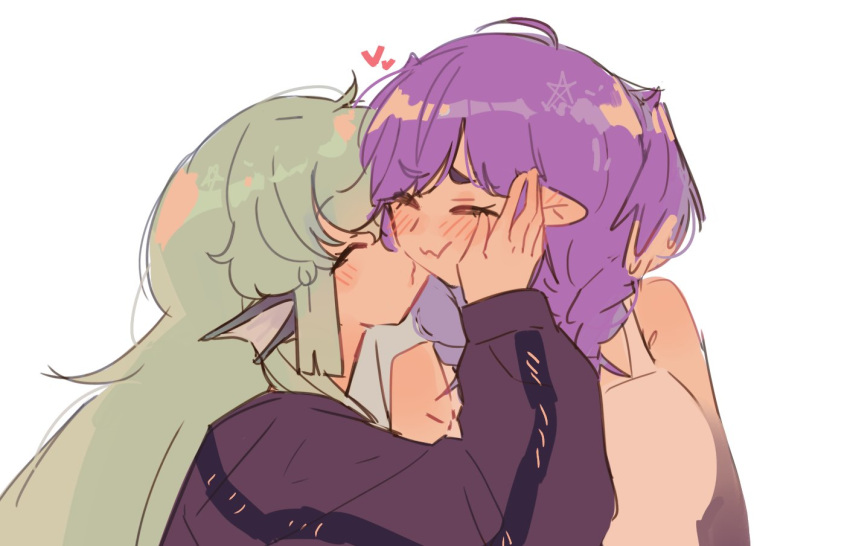 2girls black_jacket blush braid closed_eyes finana_ryugu green_hair hand_on_another's_cheek hand_on_another's_face head_wings heart jacket jess_(p2eocene) kiss kissing_cheek long_hair multiple_girls nijisanji nijisanji_en pointy_ears selen_tatsuki simple_background smile tank_top twin_braids upper_body virtual_youtuber white_background white_tank_top wings yuri