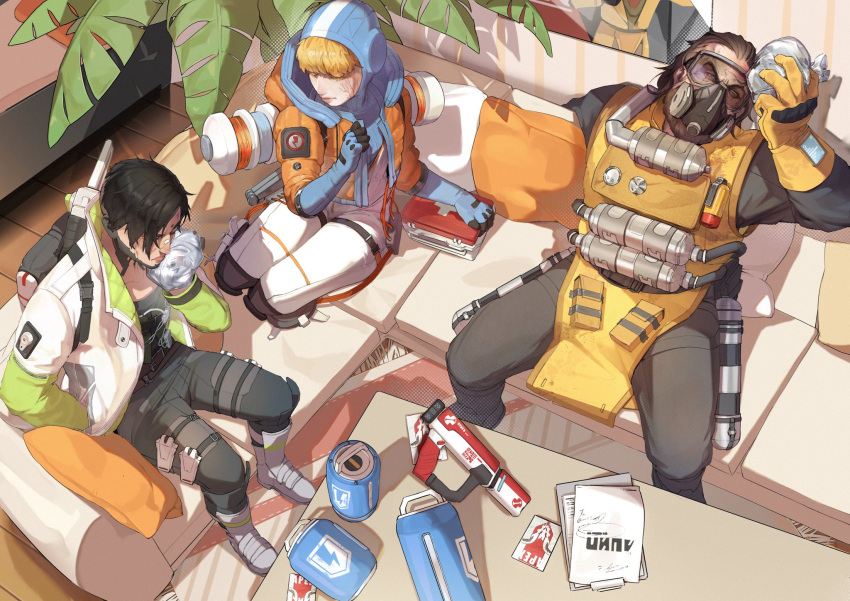 1girl 2boys apex_legends battery beard black_hair black_pants black_shirt blonde_hair blue_bodysuit blue_gloves bodysuit bohe-menthe brown_hair cable caustic_(apex_legends) chinese_commentary covered_collarbone crypto_(apex_legends) facial_hair first_aid from_above gas_mask gloves goggles green_eyes green_vest hair_slicked_back hazmat_suit highres ice_pack looking_up mask multiple_boys pants plant poster_(object) ribbed_bodysuit scar scar_on_cheek scar_on_face shirt sitting v-shaped_eyebrows vest wattson_(apex_legends) white_bodysuit white_shirt yellow_gloves