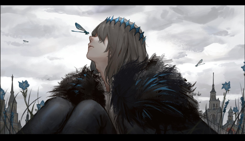 1boy androgynous black_border blue_flower border bug building cape cloud cloudy_sky diamond_hairband dragonfly fate/grand_order fate_(series) flower fur-trimmed_cape fur_trim grass grey_hair highres insect_on_nose insect_wings knees_up male_focus medium_hair minatsunen oberon_(fate) oberon_(third_ascension)_(fate) on_grass outdoors overcast parted_lips profile shirt signature sitting sky solo tall_grass white_shirt wings