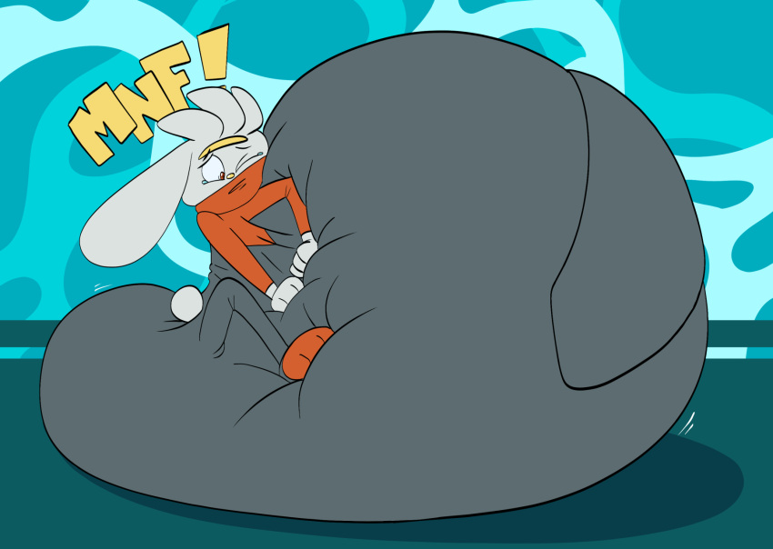 2022 anthro belly belly_expansion belly_inflation belly_squish big_belly blue_background bodily_fluids colored digital_media_(artwork) english_text expansion female flat_colors generation_8_pokemon grey_body grey_ears grey_hair grey_tail hair hand_on_belly hand_on_own_belly hi_res huge_belly hyper hyper_belly hyper_inflation immobile inflation inflation_fetish lagomorph leporid liquid_inflation long_ears mammal motion_lines nemo nintendo pokemon pokemon_(species) rabbit raboot red_eyes scut_tail short_tail simple_background solo squish struggling tail tears text water_inflation worried yellow_nose
