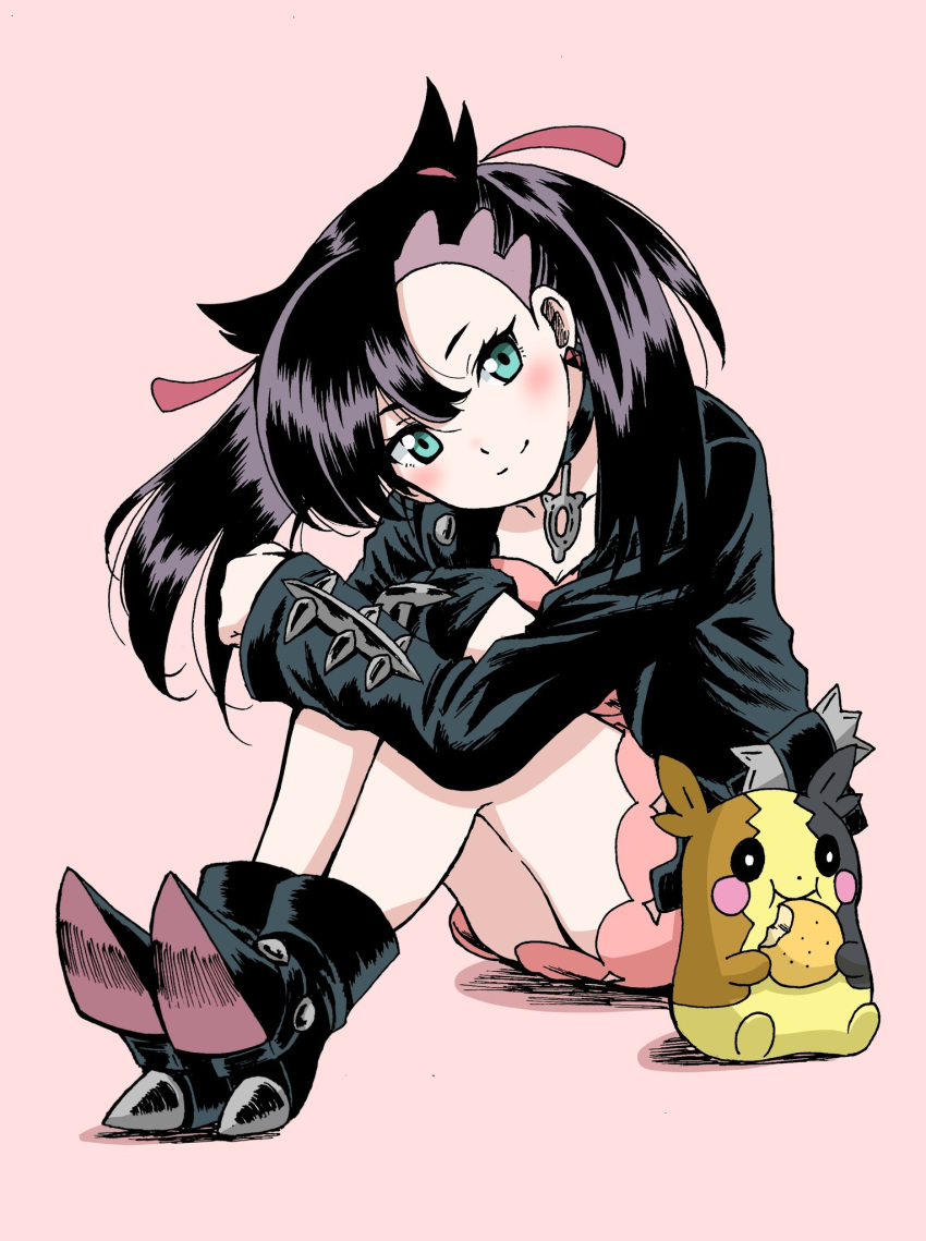 1girl aqua_eyes asymmetrical_bangs black_choker black_footwear black_hair black_jacket boots choker closed_mouth commentary_request dress eating emapippi food full_body highres holding holding_food jacket looking_at_viewer marnie_(pokemon) morpeko morpeko_(full) open_clothes open_jacket pink_background pink_dress pokemon pokemon_(creature) simple_background sitting sleeves_past_wrists smile