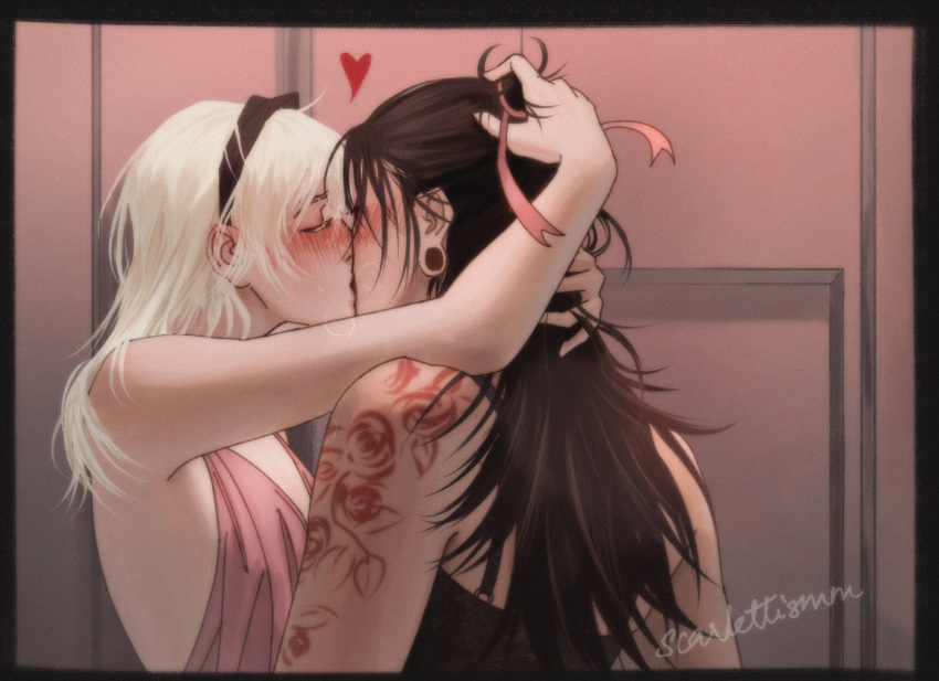 2girls arm_tattoo armpits arms_around_neck artist_name bare_arms black_hair blush closed_eyes commentary dress ear_piercing english_commentary flower_tattoo genderswap genderswap_(mtf) getou_suguru gojou_satoru hair_ribbon hands_on_another's_head heart highres indoors jujutsu_kaisen kiss long_hair multiple_girls piercing pink_dress pink_ribbon plug_(piercing) ribbon scarlettismm sleeveless sleeveless_dress tattoo upper_body white_hair yuri