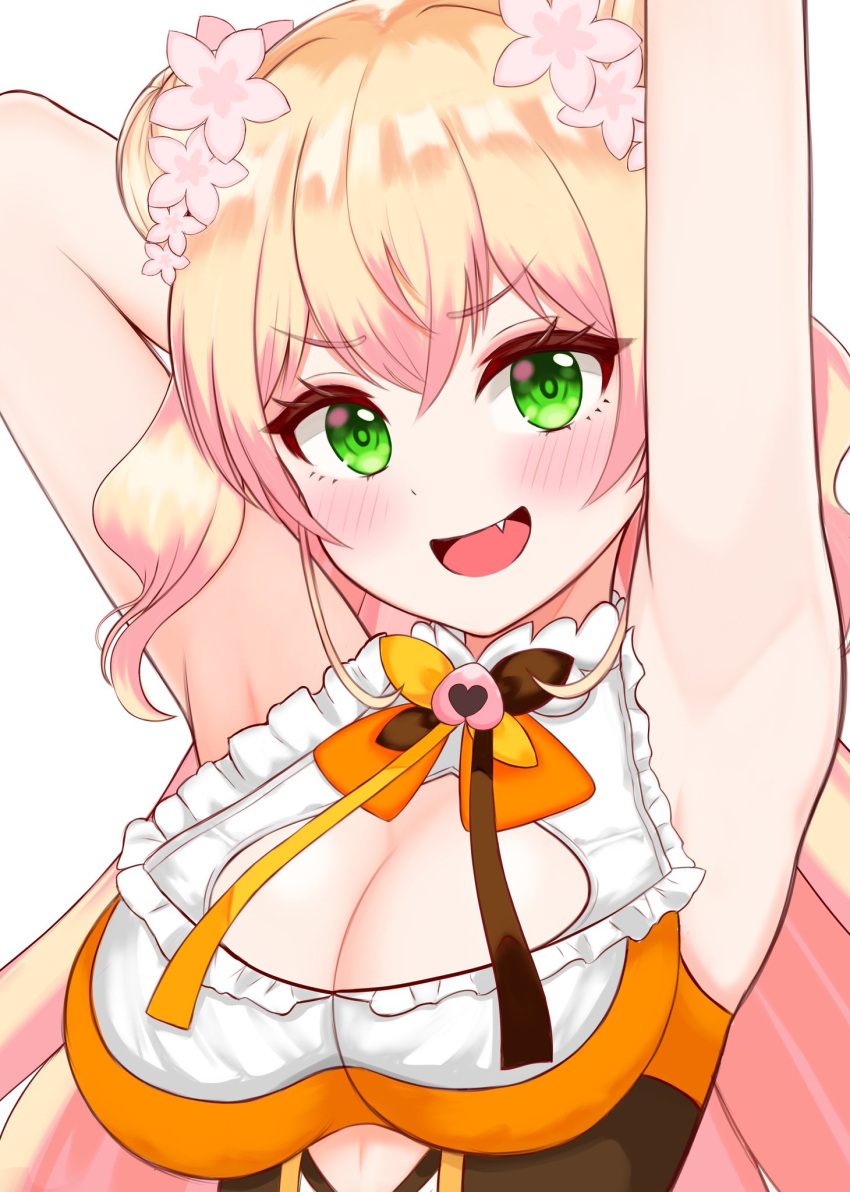 1girl arawi_(araccoon1221) armpits arms_up bare_shoulders blonde_hair blush bow bowtie breasts brown_bow brown_bowtie cleavage crossed_bangs double_bun eyelashes fang flower frills green_eyes hair_between_eyes hair_bun hair_flower hair_ornament highres hololive impossible_clothes long_hair looking_at_viewer momosuzu_nene open_mouth pink_flower sidelocks simple_background sleeveless solo upper_body very_long_hair virtual_youtuber white_background yellow_bow yellow_bowtie