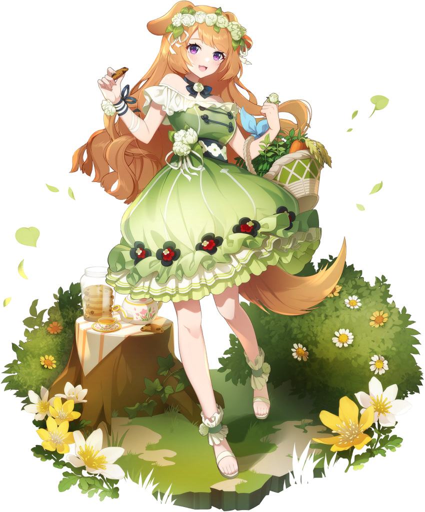 1girl :3 animal_ears bare_arms bare_legs bare_shoulders basket breasts bush clara_(eversoul) cookie cup dog_ears dog_girl dog_tail dress eversoul falling_leaves flower food full_body game_cg green_dress green_flower highres holding holding_basket holding_food leaf light_blush long_hair medium_breasts neck_ribbon non-web_source off_shoulder official_alternate_costume official_alternate_hairstyle official_art open_mouth orange_hair outdoors purple_eyes ribbon sandals sidelocks sleeveless solo standing tachi-e tail tea teacup transparent_background tree_stump vegetable white_flower white_footwear yellow_flower