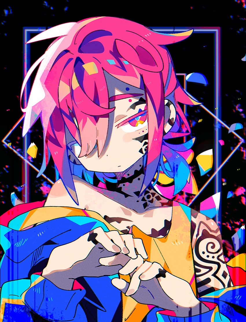 1boy absurdres arm_tattoo blue_jacket chest_tattoo closed_mouth colored_eyelashes commentary_request facial_tattoo hand_tattoo highres jacket long_sleeves male_focus neck_tattoo orange_tank_top original pink_eyes pink_hair raito-kun_(uenomigi) short_hair solo tank_top tattoo uenomigi