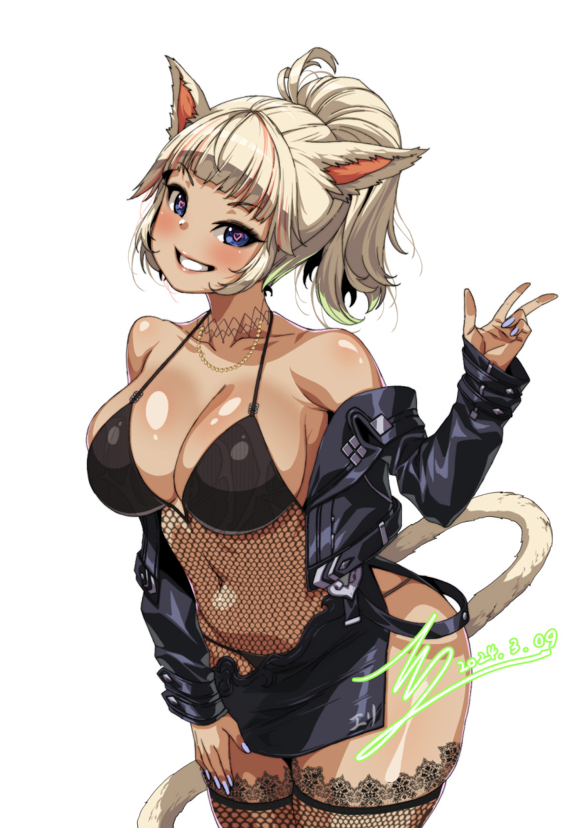 1girl animal_ears armpits black_jacket black_one-piece_swimsuit blonde_hair blue_eyes blush breasts cat_ears cat_tail cleavage commission covered_navel feet_out_of_frame final_fantasy final_fantasy_xiv fishnet_swimsuit fishnet_thighhighs fishnets gyaru hand_on_own_hip heart heart-shaped_pupils highres jacket jewelry kogal large_breasts leather leather_jacket lipstick looking_at_viewer makeup miqo'te multicolored_hair nail_polish necklace one-piece_swimsuit pixiv_commission ponytail rantia shiny_skin signature simple_background smile solo streaked_hair swimsuit symbol-shaped_pupils tail tan teeth thighhighs warrior_of_light_(ff14) white_background