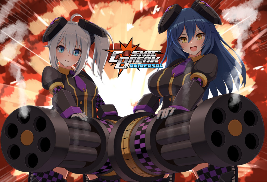 2girls animal_ears blue_eyes blue_hair breasts checkered_clothes copyright_name cosmic_break cosplay explosion fake_animal_ears gatling_gun gloves gun high_side_ponytail highres holding holding_gun holding_weapon jester large_breasts light_blue_hair logo long_hair looking_at_viewer mecha_musume multiple_girls necktie open_mouth patty_lop patty_lop_(cosplay) rabbit_ears rexaws robot_ears smile smoke smoking_gun thighhighs weapon white_gloves yellow_eyes