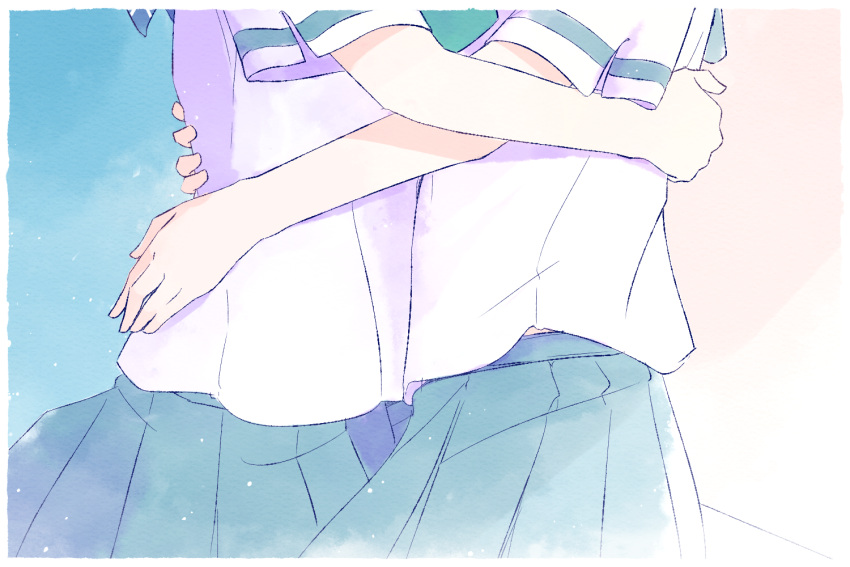 2girls bare_arms blue_skirt border close-up commentary_request hands_on_another's_back head_out_of_frame hibike!_euphonium hug kasaki_nozomi kitauji_high_school_uniform light_particles liz_to_aoi_tori lower_body multiple_girls pleated_skirt sawara65 school_uniform shirt short_sleeves skirt upper_body white_border white_shirt yoroizuka_mizore yuri