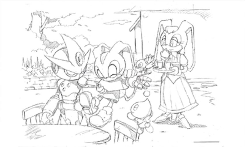 chao clothing concept_art cream_the_rabbit eyes_closed female footwear gemerl gloves high_heels lagomorph machine mammal monochrome official_art rabbit robot shoes sonic_(series) vanilla_the_rabbit wings