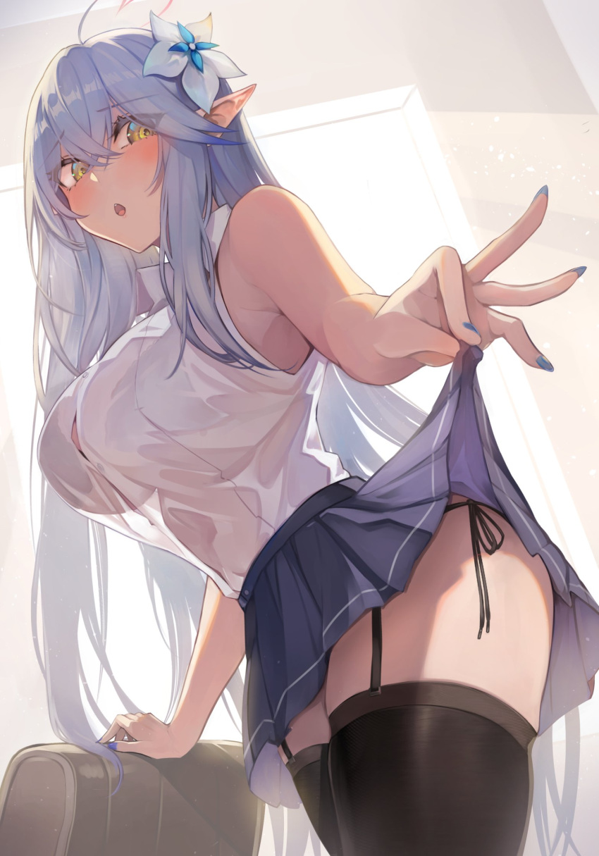 ahoge alternate_costume armpit_crease black_garter_straps black_thighhighs blue_hair blue_nails blue_skirt breasts commentary_request elf fingernails flower garter_straps hair_flower hair_ornament heart heart_ahoge highres hololive large_breasts long_hair nail_polish omoti_(1201208) open_mouth panties pleated_skirt pointy_ears see-through see-through_shirt see-through_silhouette shirt side-tie_panties skirt skirt_hold sleeveless sleeveless_shirt thighhighs underwear virtual_youtuber white_flower white_shirt yellow_eyes yukihana_lamy