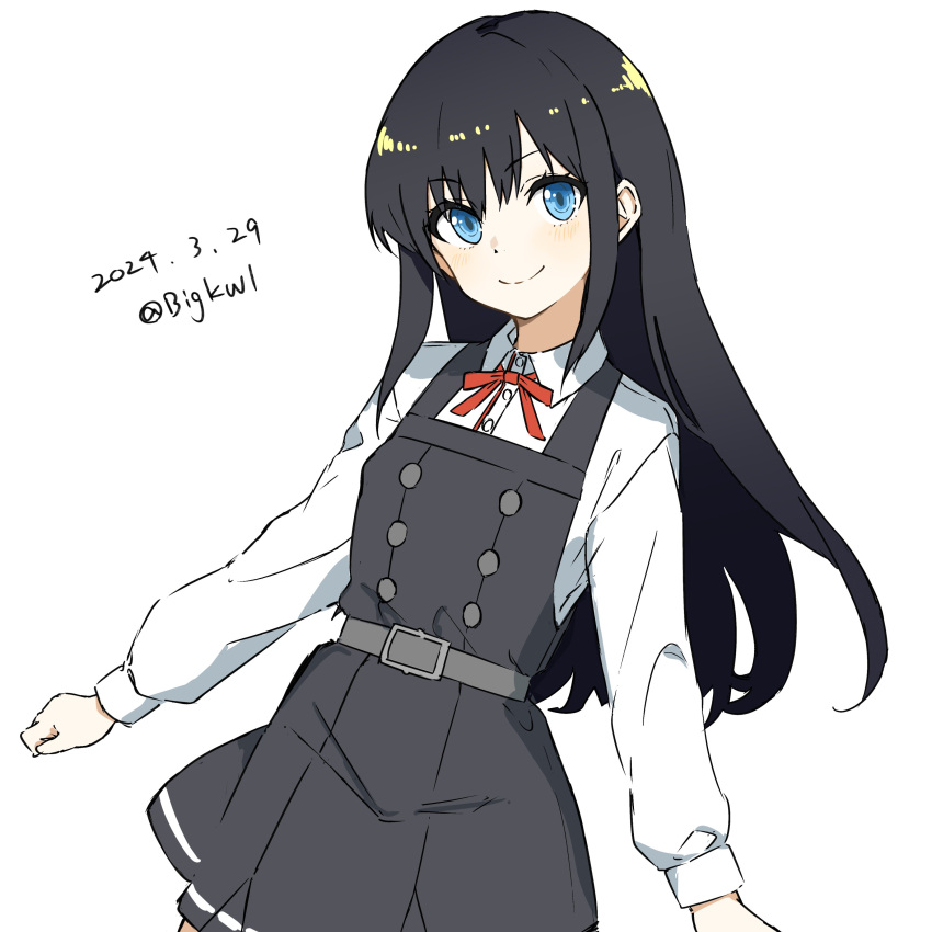 1girl absurdres asashio_(kancolle) asashio_kai_ni_(kancolle) bigkwl black_dress black_hair blue_eyes collared_shirt dated dress dress_shirt highres kantai_collection long_hair long_sleeves looking_at_viewer neck_ribbon one-hour_drawing_challenge pinafore_dress red_ribbon ribbon shirt simple_background sleeveless sleeveless_dress smile solo twitter_username white_background white_shirt