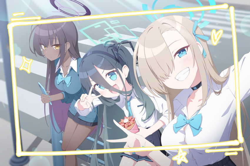 3girls :d aris_(blue_archive) asuna_(blue_archive) black_hair blue_archive blue_bow blue_bowtie blue_eyes blue_halo blue_nails blue_necktie blue_sweater_vest bow bowtie breasts brown_hair clenched_teeth fingernails gradient_hair halo highres karin_(blue_archive) long_hair looking_at_viewer medium_breasts multicolored_hair multiple_girls nail_polish necktie open_mouth purple_hair purple_halo quarterlift school_uniform shirt smile sweater_vest teeth v white_shirt
