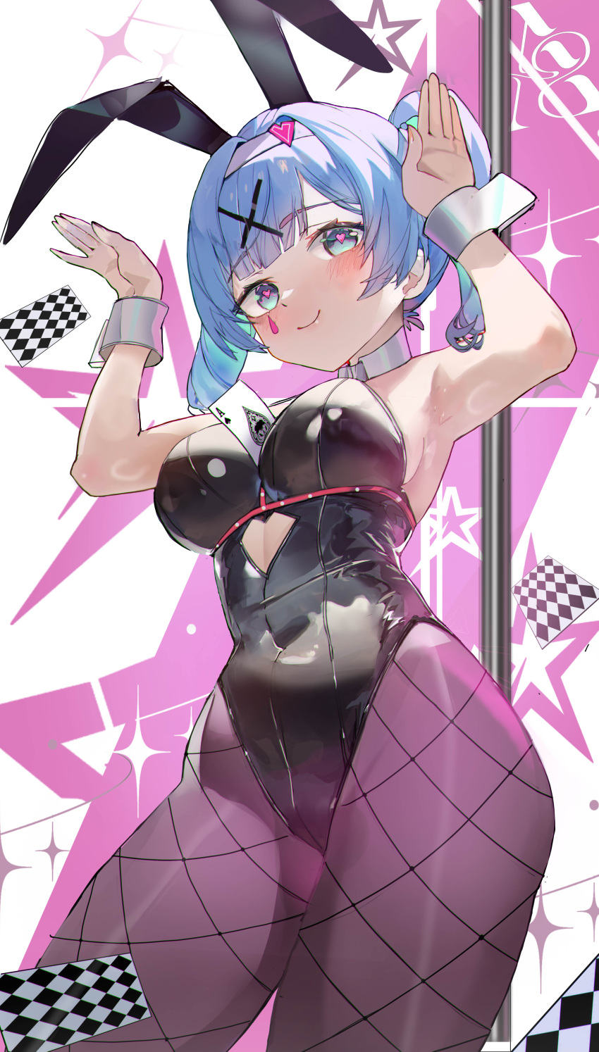 1girl absurdres ace_(playing_card) ace_of_spades animal_ears armpits arms_up between_breasts black_leotard black_pantyhose blue_eyes blue_hair blush breasts card card_between_breasts closed_mouth clothing_cutout commentary_request contrapposto detached_collar fake_animal_ears fishnet_pantyhose fishnets from_below hatsune_miku heart heart-shaped_pupils heart_cutout highleg highleg_leotard highres hui_zhong_zhi_meng large_breasts legs_apart leotard looking_at_viewer pantyhose playboy_bunny playing_card pole rabbit_ears rabbit_hole_(vocaloid) rabbit_pose short_hair short_twintails smile solo spade_(shape) stomach_cutout stripper_pole symbol-shaped_pupils teardrop_facial_mark thighs twintails vocaloid white_wrist_cuffs wrist_cuffs