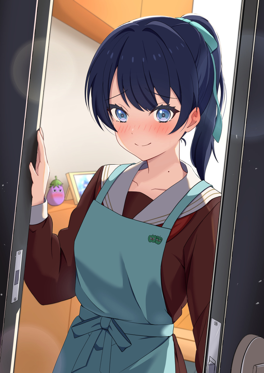 1girl absurdres alternate_hairstyle apron blue_apron blue_eyes blue_hair blush brown_dress closed_mouth collarbone commentary doorway dress ear_blush furrowed_brow hasu_no_sora_school_uniform highres link!_like!_love_live! long_hair long_sleeves looking_at_viewer love_live! mole mole_on_neck murano_sayaka ponytail school_uniform solo upper_body zanpon