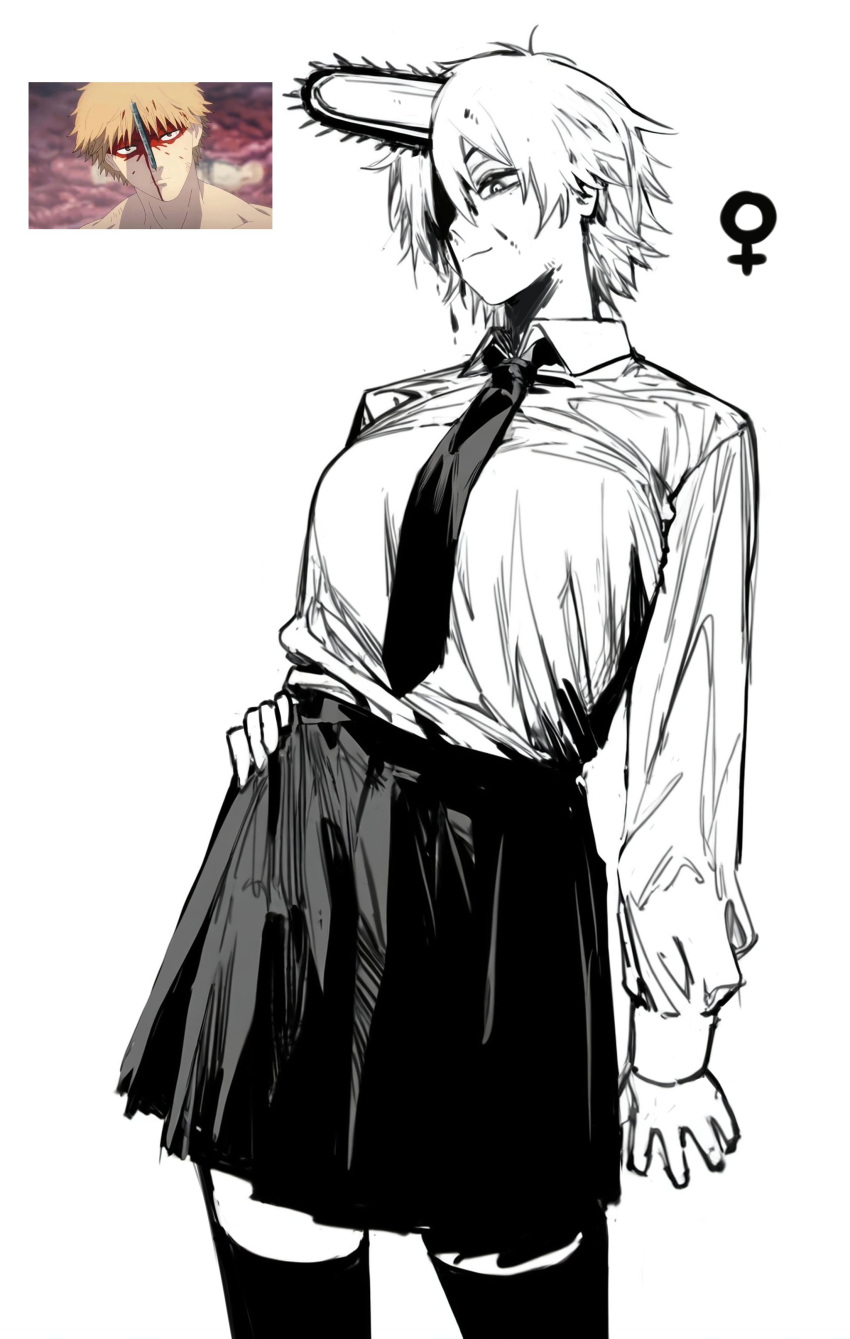 absurdres black_skirt blood blood_spray chainsaw chainsaw_man denji_(chainsaw_man) genderswap genderswap_(mtf) highres monochrome necktie shirt_tucked_in short_hair simple_background skirt thighhighs white_background zovokia