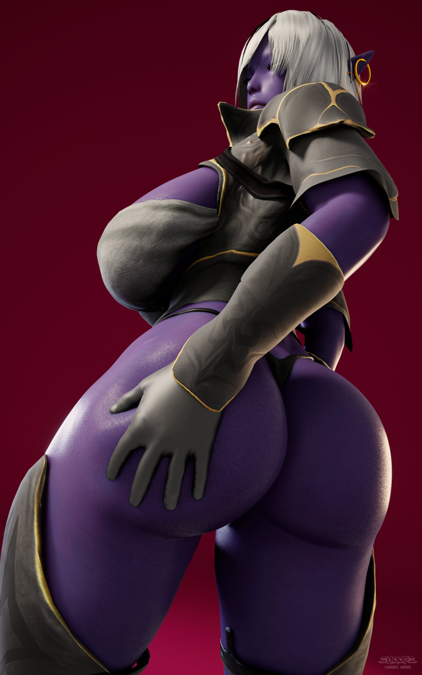 1girl 3d absurdres ass blender_(medium) breasts dark_elf elf fallen_throne hand_on_own_ass highres huge_ass large_breasts looking_at_viewer pointy_ears queen_nualia short_hair solo thick_thighs thighs thong white_hair wide_hips