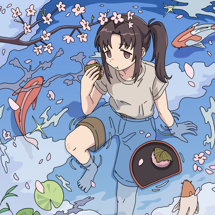 1girl absurdres arm_support barefoot blush brown_eyes brown_shorts cherry_blossoms closed_mouth cloud eating ennui_orz expressionless falling_petals floating floating_object food foot_out_of_frame from_above grey_shirt hand_up highres holding holding_food knee_up koi lily_pad long_hair looking_up no_sclera original partially_submerged petals reflection reflective_water ripples sakura_mochi shirt shirt_tucked_in short_sleeves shorts side_ponytail solo t-shirt tareme tray wagashi
