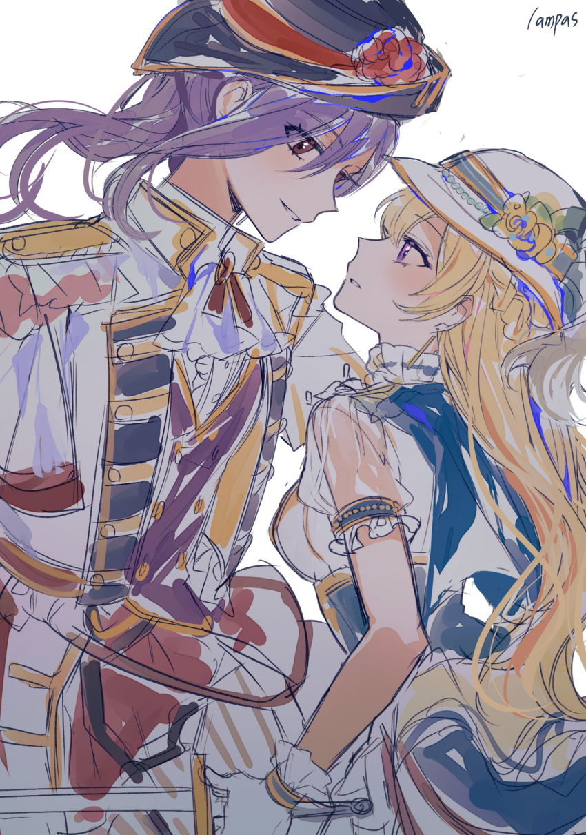 2girls ascot bang_dream! black_hat blonde_hair blue_cape cape commentary_request corset epaulettes eye_contact flower fresa_pie gloves hat hat_flower highres holding holding_sword holding_weapon jacket long_hair long_sleeves looking_at_another multiple_girls parted_lips purple_eyes purple_hair red_eyes red_flower seta_kaoru shirasagi_chisato shirt short_sleeves simple_background sword upper_body weapon white_ascot white_background white_gloves white_hat white_jacket white_shirt yellow_flower yuri