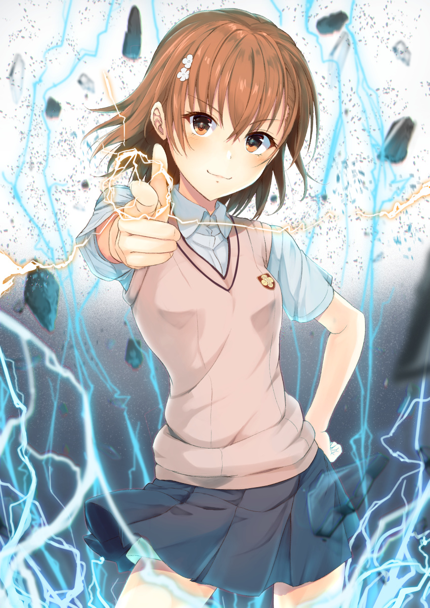 1girl absurdres aiming aiming_at_viewer blush bob_cut breasts brown_eyes brown_hair brown_sweater_vest commentary_request cowboy_shot debris dress_shirt electricity electrokinesis emblem finger_gun floating_rock flower furrowed_brow grey_skirt hair_between_eyes hair_flower hair_ornament hairpin hand_on_own_hip highres k3rd looking_at_viewer medium_hair misaka_mikoto outstretched_arm pleated_skirt psychic school_emblem school_uniform science_fiction shirt short_sleeves shorts shorts_under_skirt skirt small_breasts smile solo standing summer_uniform sweater_vest toaru_kagaku_no_railgun toaru_majutsu_no_index tokiwadai_school_uniform white_flower white_shirt