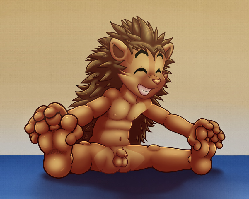 3_toes alternate_version_available anthro balls barefoot cub eyes_closed flaccid front_view leaning leaning_forward male mammal nipples nude penis porcupine quillcy rodent smile solo spread_legs spreading stretching toes tweaker_(artist) uncut young