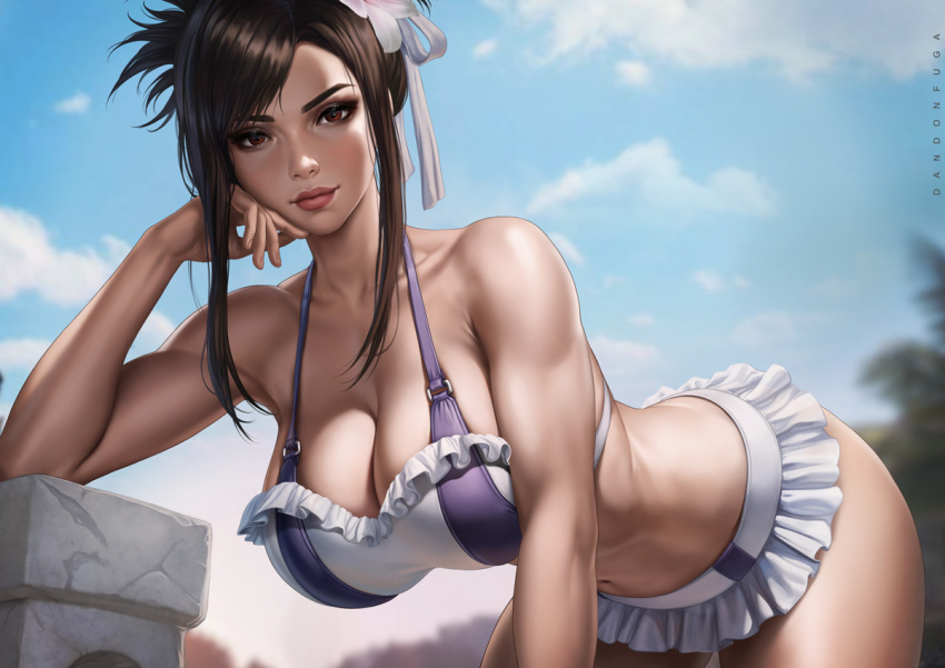 1girl bent_over bikini bikini_skirt breasts brown_eyes cleavage dandon_fuga final_fantasy final_fantasy_vii final_fantasy_vii_rebirth final_fantasy_vii_remake flower frilled_bikini frilled_bikini_top frills hair_flower hair_ornament large_breasts looking_at_viewer microskirt official_alternate_costume official_alternate_hairstyle skirt smile solo swimsuit tifa_lockhart tifa_lockhart_(shining_spirit) white_bikini