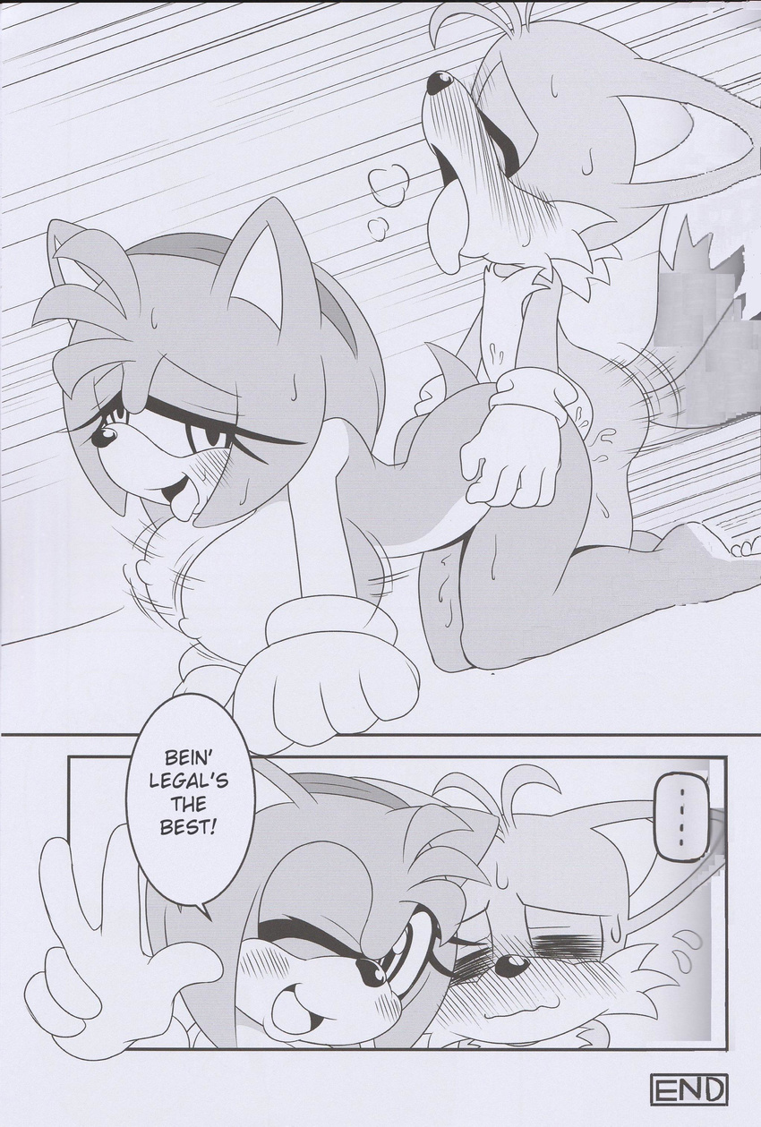 absurd_res all_fours amy_rose anthro big_breasts breasts canine comic doggystyle english_text erect_nipples female fox from_behind_position greyscale hedgehog hi_res male male/female mammal michiyoshi miles_prower monochrome nipples penetration sex sonic_(series) text uncensored