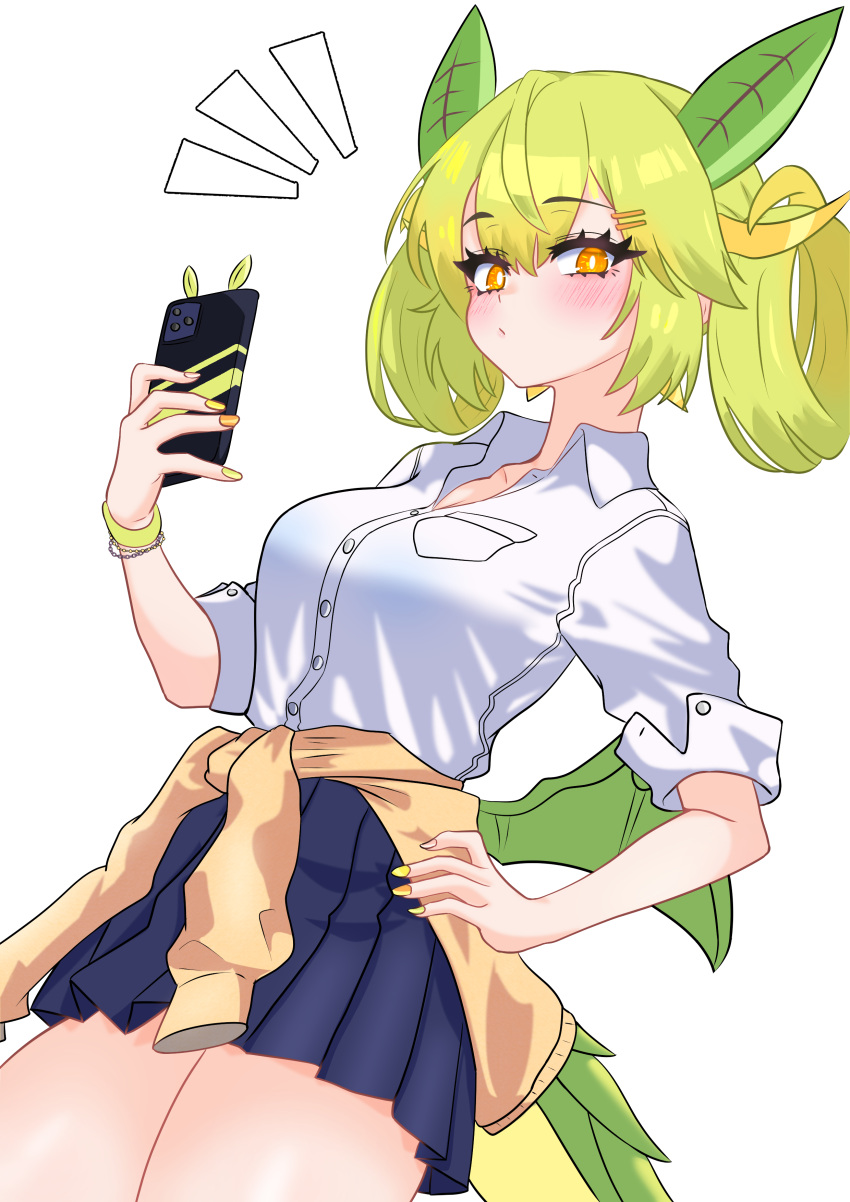 1girl absurdres breasts clothes_around_waist dragon_girl dragon_horns dragon_tail dragon_wings duel_monster green_hair gyaru hand_on_own_hip highres holding holding_phone horns jacket jacket_around_waist kogal light_blush low_wings oldsickkim parlor_dragonmaid partially_unbuttoned phone pleated_skirt school_uniform shirt skirt solo tail white_shirt wings yellow_eyes yellow_nails yu-gi-oh!