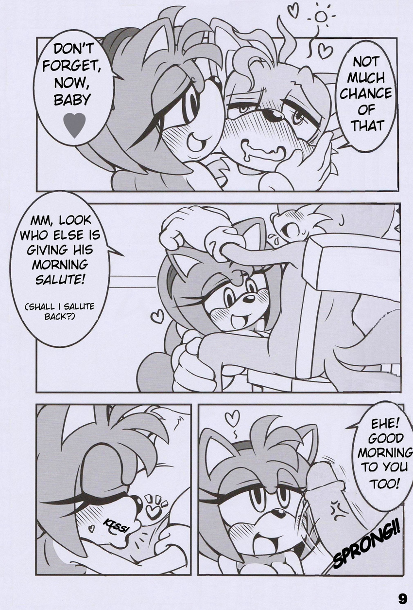 &lt;3 absurd_res amy_rose anthro big_breasts breasts canine comic english_text erection female fox hedgehog hi_res male mammal michiyoshi miles_prower monochrome penis sonic_(series) text uncensored