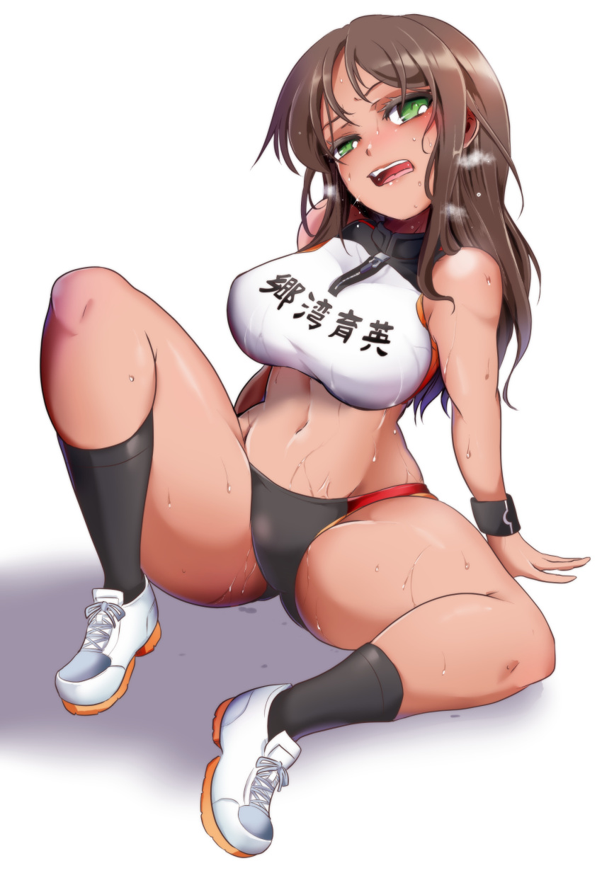 1girl alice_gear_aegis arm_support bare_shoulders black_socks blush breasts breath brown_hair buruma clothes_writing crop_top dark-skinned_female dark_skin full_body green_eyes heavy_breathing highres kaneshiya_sitara kneehighs large_breasts long_hair looking_at_viewer midriff navel open_mouth shadow shoes simple_background sitting sneakers socks solo sports_bikini sportswear spread_legs suga_leon sweat tan teeth thick_thighs thighs track_uniform upper_teeth_only white_background