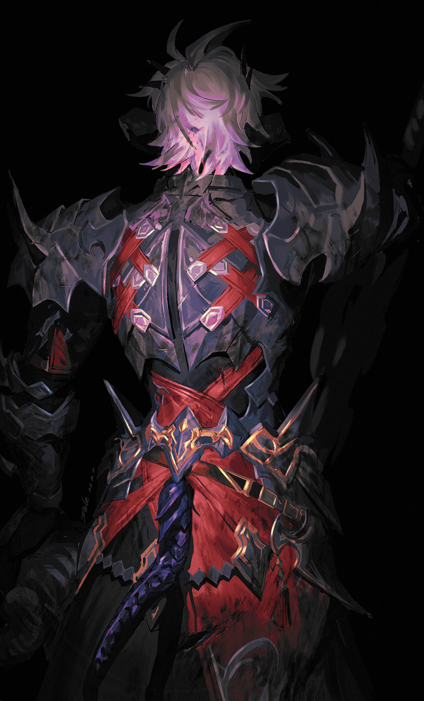 1boy armor au_ra black_background black_robe breastplate chinese_commentary commentary_request cowboy_shot dark_knight_(final_fantasy) dated dele14375735 dragon_boy dragon_horns dragon_tail facing_away final_fantasy final_fantasy_xiv from_behind gauntlets highres holding holding_sword holding_weapon horns male_focus pauldrons robe short_hair shoulder_armor sidurgu_orl solo spikes sword tail tail_through_clothes weapon white_hair