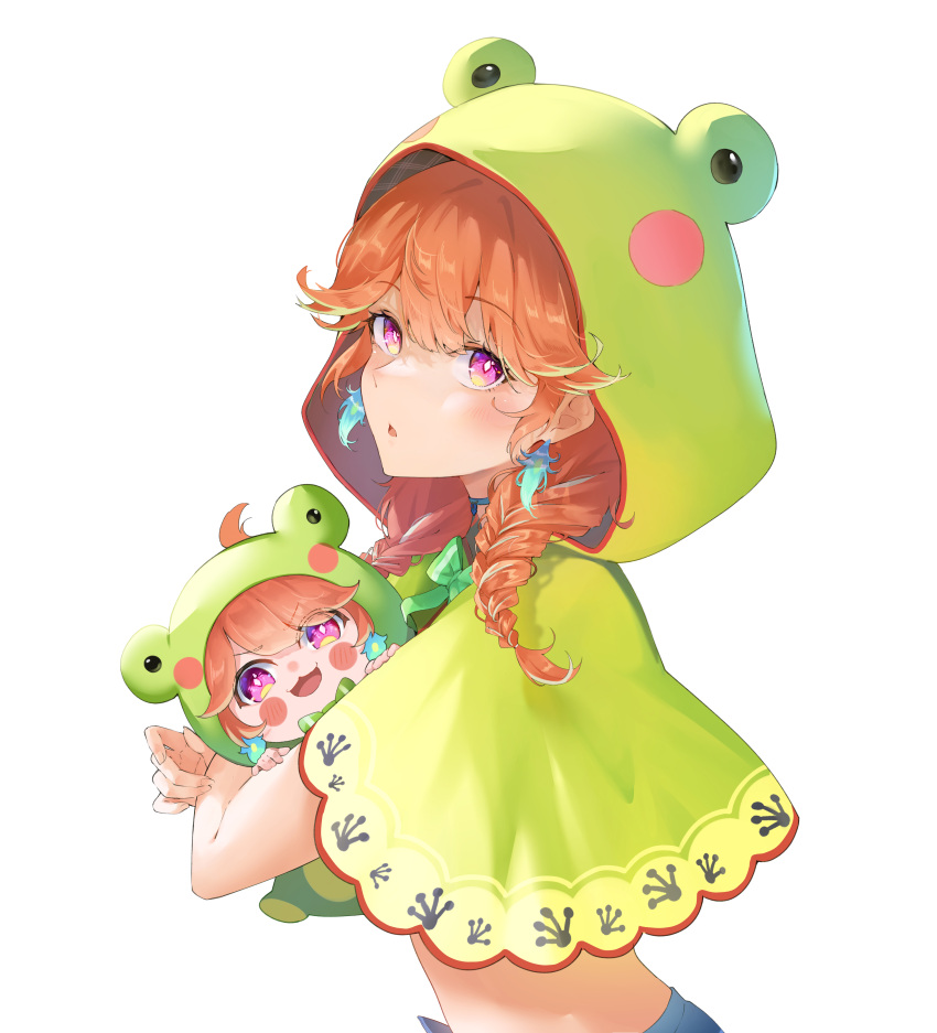 1girl absurdres animal_costume animal_hood chibi choker dual_persona earrings feather_earrings feathers frog frog_costume frog_hood frogiwawa green_choker highres holding hololive hololive_english hood jewelry looking_at_viewer lucferz official_alternate_costume onesie open_mouth orange_hair purple_eyes simple_background smile solo takanashi_kiara takanashi_kiara_(casual) virtual_youtuber white_background