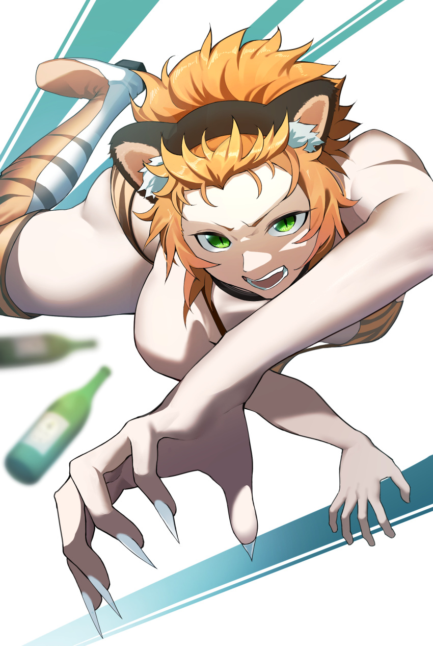 1girl absurdres aira_kanae angry animal_ears animal_print bikini boots bottle claws collar dynamic_pose green_eyes highres juuni_taisen looking_at_viewer messy_hair open_mouth orange_hair short_hair slit_pupils solo swimsuit teeth thigh_boots thighhighs tiger_ears tiger_print toned usagits_00