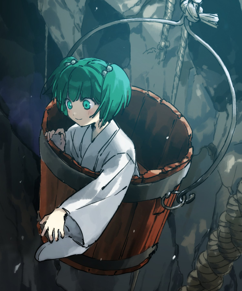 1girl blush bucket closed_mouth green_eyes green_hair hair_bobbles hair_ornament highres in_bucket in_container japanese_clothes kaigen_1025 kimono kisume long_sleeves rope short_hair smile solo touhou twintails white_kimono wide_sleeves