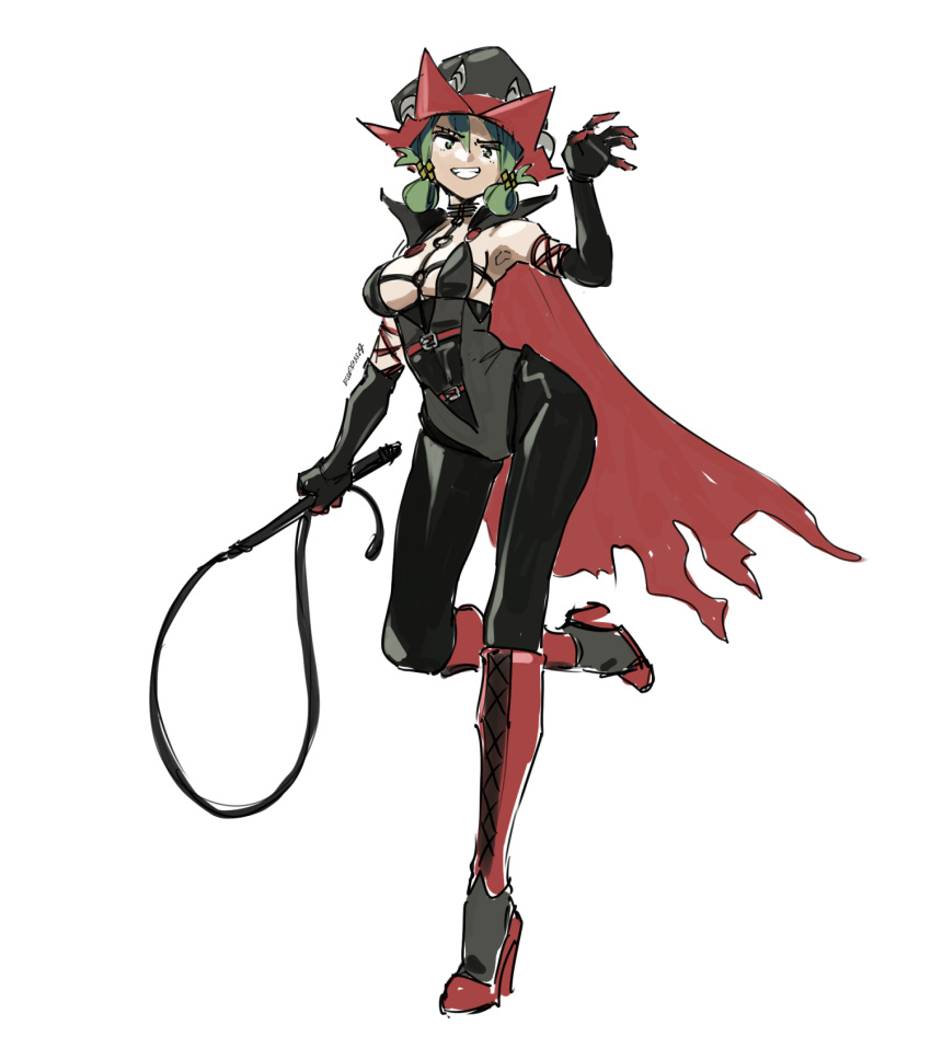 1girl alternate_costume arm_up boots breasts claw_pose cleavage clip_studio_paint_(medium) cloak commission cross-laced_footwear dominatrix eudetenis fake_horns full_body gloves green_eyes green_hair harness hat high_heel_boots high_heels highres holding holding_whip horned_headwear horns latex latex_gloves leather long_hair looking_at_viewer medium_breasts o-ring o-ring_harness shiny_clothes sideboob signature sketch smirk solo standing standing_on_one_leg teeth torn_cloak torn_clothes unicorn_overlord whip white_background witch_hat yahna
