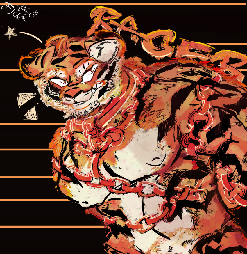 absurd_res angry angry_eyes anthro black_body black_fur chain chained felid feline fluffos friends_vs_friends fur growling hi_res looking_at_another male mammal muscular nipples orange_body orange_fur pantherine pecs red_chain red_eyes simple_background solo tiger white_body white_fur