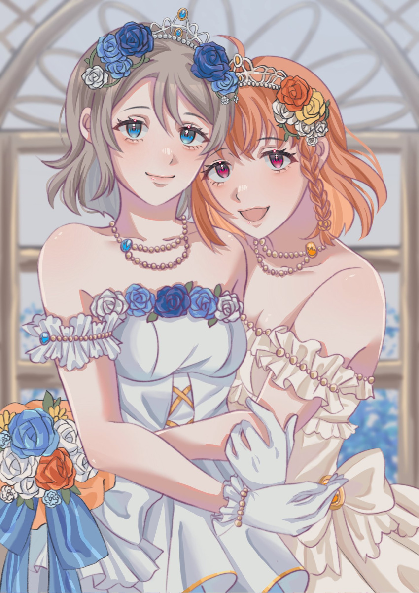 bare_shoulders blue_eyes blush bouquet breasts brown_hair dress flower hair_flower hair_ornament highres jewelry looking_at_viewer love_live! love_live!_sunshine!! multiple_girls necklace orange_hair ribbon short_hair smile sparklingvv1119 takami_chika tiara watanabe_you