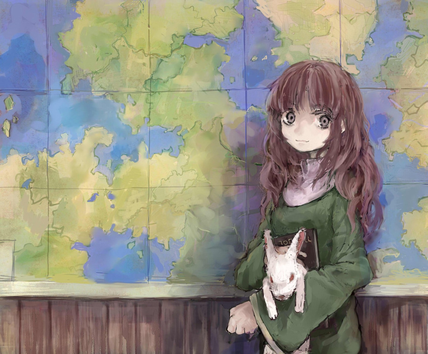 1girl animal book brown_eyes brown_hair closed_mouth cowboy_shot dress green_dress highres holding holding_animal holding_book holding_rabbit long_sleeves looking_at_viewer map original rabbit smile solo standing tayama222 wooden_wall