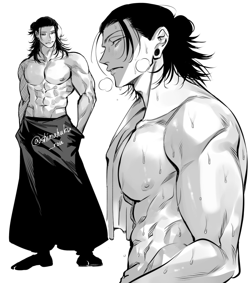 1boy abs absurdres alternate_costume biceps closed_mouth from_side full_body getou_suguru greyscale hair_bun hakama hakama_pants hands_in_pockets highres japanese_clothes jujutsu_kaisen large_pectorals long_hair looking_at_viewer loose_hair_strand male_focus monochrome multiple_views muscular muscular_male navel nipples pants pectorals sideways_glance simple_background smile sweat topless_male upper_body v-taper white_background yuu_(guruko)
