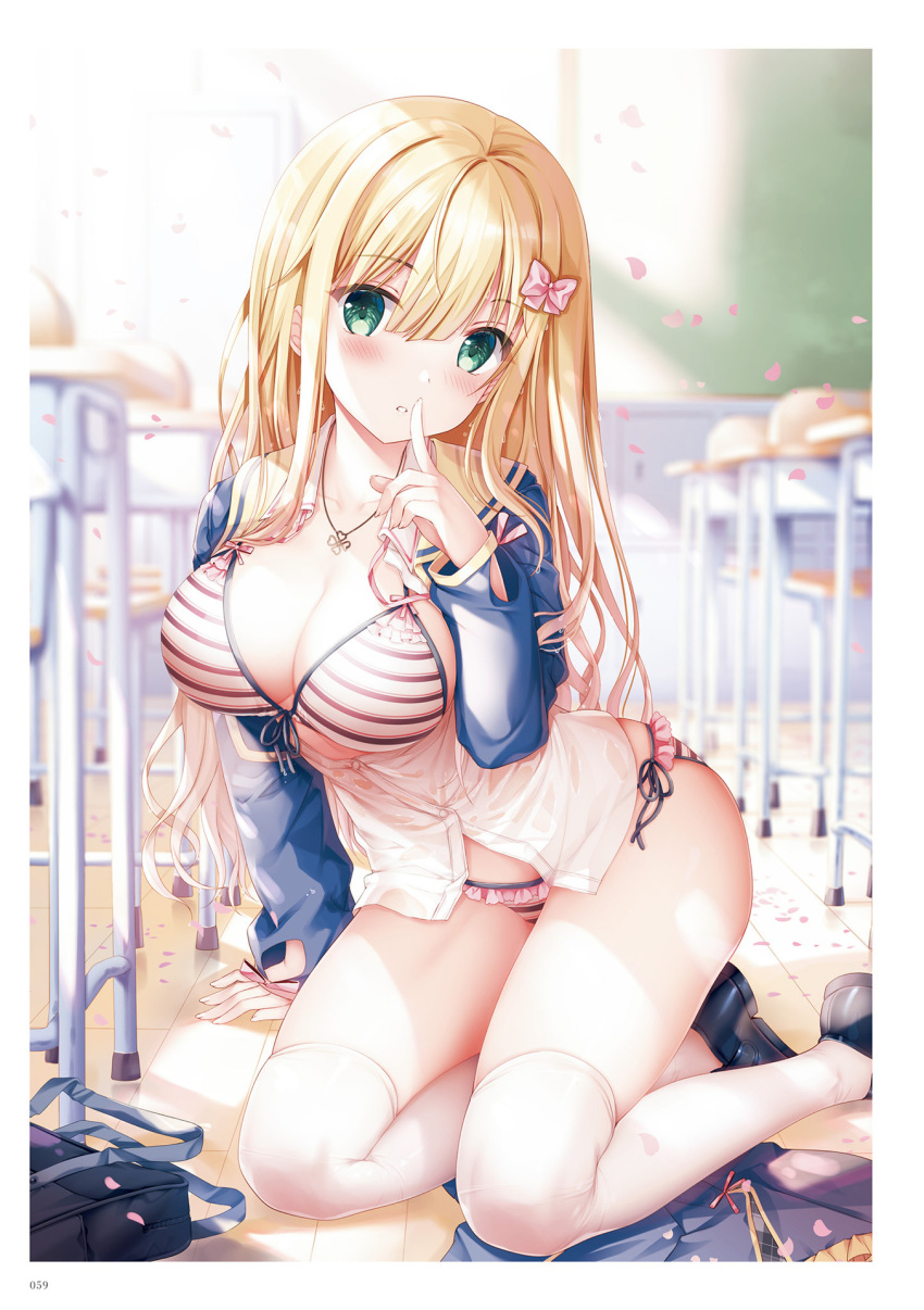 1girl bag bikini blonde_hair blurry blurry_background blush bow breasts chair classroom cleavage collarbone desk finger_to_mouth frills green_eyes hair_bow hair_ornament highres inagaki_minami indoors jacket jewelry large_breasts long_hair long_sleeves looking_at_viewer necklace non-web_source open_clothes open_shirt page_number parted_lips petals school_chair school_desk school_uniform shirt shoes sitting skirt solo sousouman striped_bikini striped_clothes swimsuit thighhighs thighs twinbox_school underwear unworn_skirt white_thighhighs wooden_floor