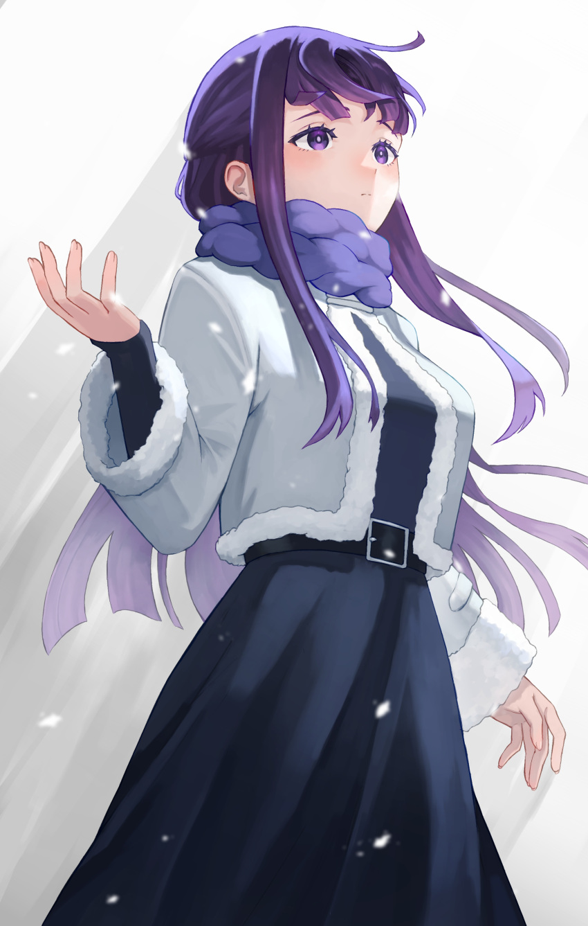 1girl absurdres belt belt_buckle black_belt black_dress blunt_bangs blush braided_scarf buckle cowboy_shot dress expressionless fern_(sousou_no_frieren) floating_hair fur-trimmed_jacket fur_trim grey_jacket hand_up highres ito_yoshi jacket long_hair long_sleeves purple_eyes purple_hair purple_scarf scarf sidelocks simple_background snow solo sousou_no_frieren white_background winter winter_clothes