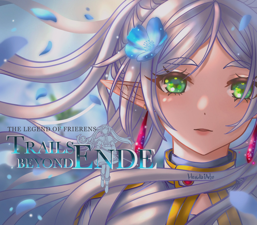 1girl artist_name blue_flower close-up commentary cover drop_earrings earrings eiyuu_densetsu english_commentary eyelashes fake_cover flower frieren gold_trim green_eyes hair_flower hair_ornament hajimari_no_kiseki harukahoshimi highres jewelry long_hair looking_at_viewer parted_bangs parted_lips petals solo sousou_no_frieren twitter_username upper_body video_game_cover white_hair