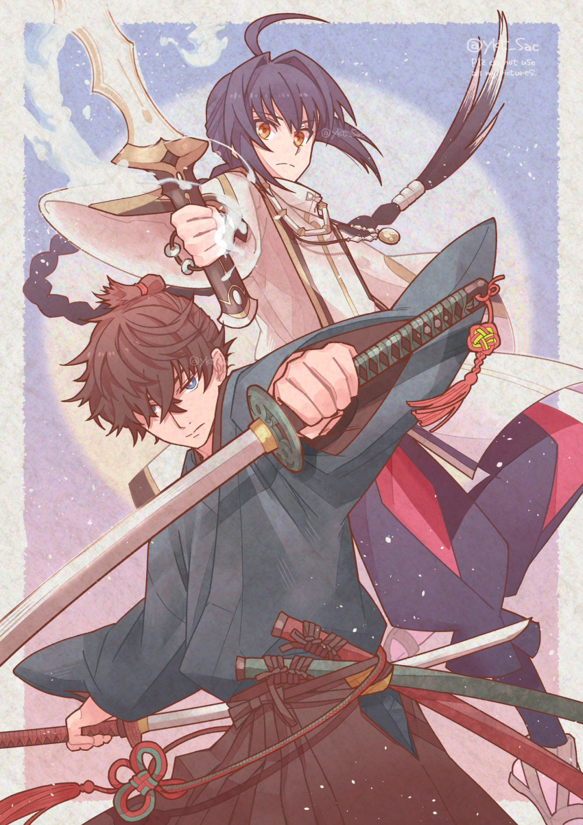 1boy 1other ahoge androgynous black_hair black_hakama blue_eyes blue_kimono bracelet braid braided_ponytail dual_wielding fate/grand_order fate/samurai_remnant fate_(series) hair_intakes hair_over_one_eye hakama highres holding holding_sword holding_weapon japanese_clothes jewelry katana kimono long_bangs long_sleeves miyamoto_iori_(fate) necklace sandals sidelocks single_braid sword topknot twitter_username weapon yamato_takeru_(fate) yellow_eyes yukichi_(yk_sac)