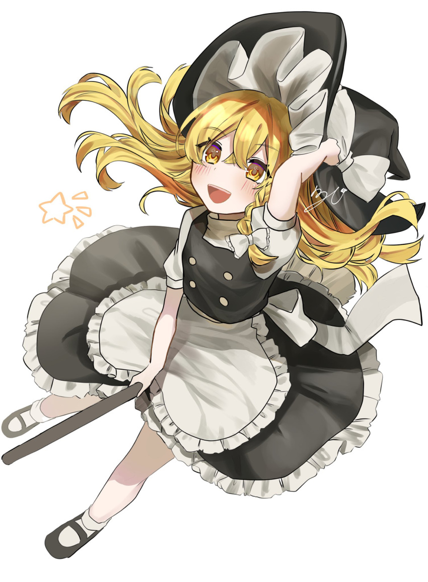 1girl :d apron arm_up back_bow black_hat black_skirt black_vest blonde_hair blush bow braid broom broom_riding commentary crossed_bangs double-parted_bangs floating_hair foreshortening frilled_apron frilled_skirt frills from_above full_body hair_between_eyes hair_bow hand_on_headwear happy hat hat_bow highres izumi_no_yasushi_aya kirisame_marisa long_hair looking_up open_mouth puffy_short_sleeves puffy_sleeves shirt short_sleeves signature simple_background single_braid skirt smile solo star_(symbol) teeth touhou upper_teeth_only vest waist_apron white_apron white_background white_bow white_shirt witch_hat yellow_eyes