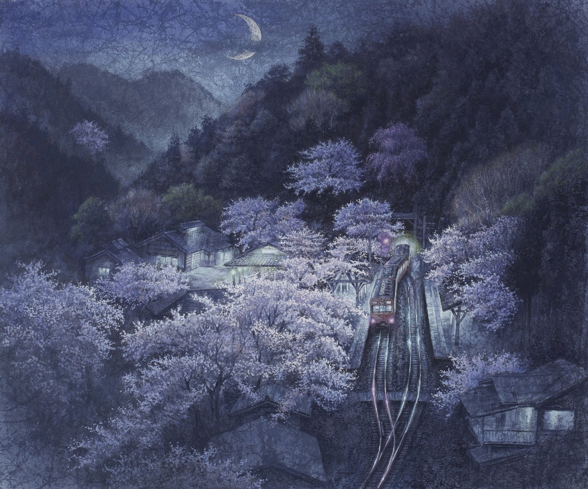 building cherry_blossoms crescent_moon highres moon mountain mountainous_horizon night night_sky nihonga no_humans original painting_(medium) railroad_tracks scenery shadow sky tanamachi_yoshihiro traditional_media train tree