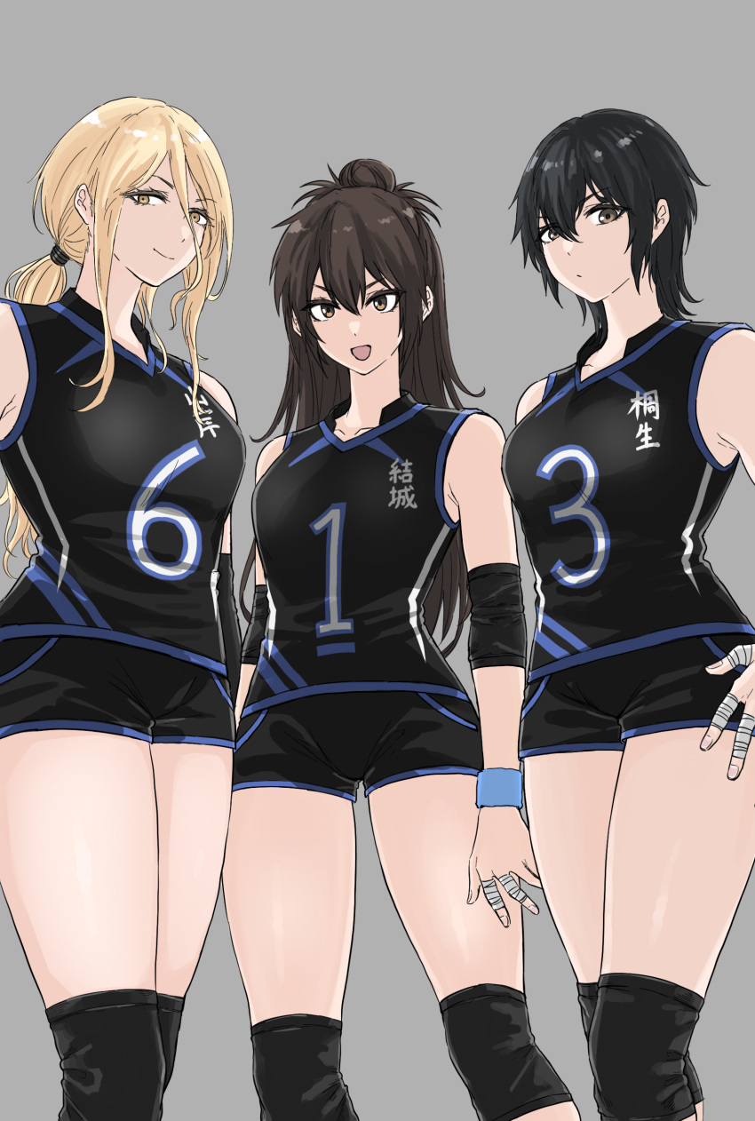 3girls :d absurdres armpit_crease bandaged_fingers bandages black_hair black_shorts blonde_hair breasts brown_eyes closed_mouth commentary_request dot_mouth fuku_(fuku12290574) grey_background hair_between_eyes hair_bun hand_on_own_hip highres jersey knee_pads large_breasts long_hair looking_at_viewer medium_breasts multiple_girls open_mouth original ponytail shirt short_shorts shorts sidelocks simple_background sleeveless sleeveless_shirt smile sportswear standing thighs v-shaped_eyebrows volleyball_uniform wolf_cut yellow_eyes